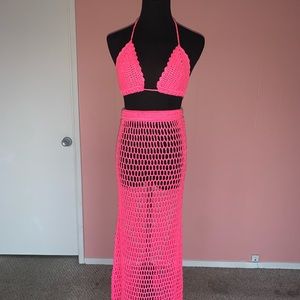 Crochet Bralette top and skirt bottom pink size s